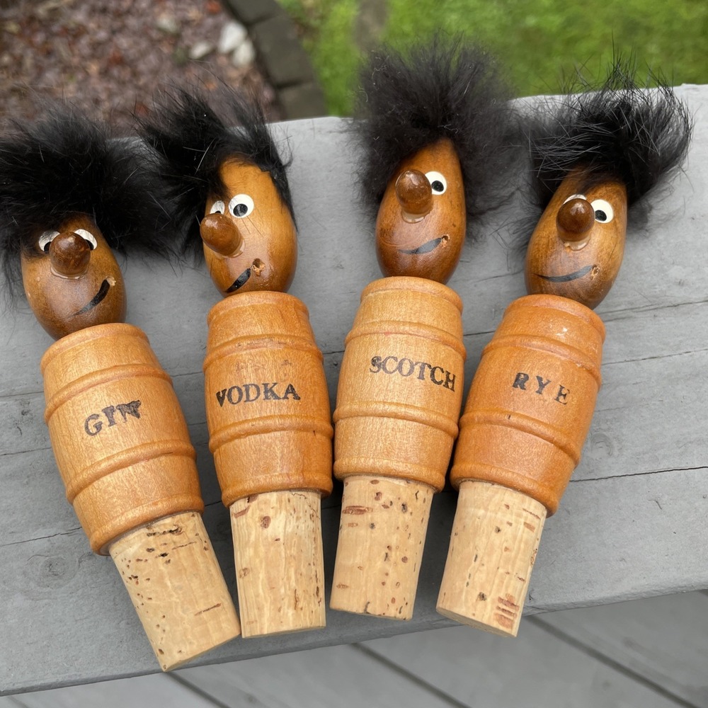 Vintage Liquor Cork Stoppers Wooden Men Barware MCM Funny Novelty Unused